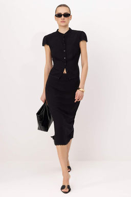 Siyah Slim Fit Gomlek Midi Etek Dokuma Alt - Ust Tak?m TWOSS26AU00105