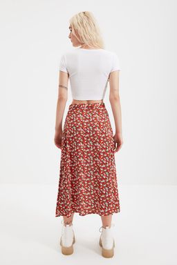 Kiremit Y?rtmac Detayl? Cicek Desenli Viskon Kumasl? Midi Boy Dokuma Etek TWOSS20ET0230