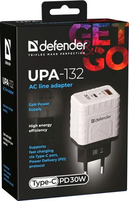 Зарядное устройство сетевое Defender "UPA-132" (83230) 30Вт, 1 USB, 1 Type-C, с технологией GaN, белое