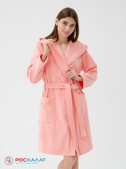Махровый женский укороченный халат с капюшоном светло-коралловый МЗ-01 (6)