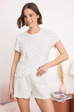 Beyaz Kurdele Bask?l? Pamuklu Likral? Yumusak Tuse Orme Pijama Tak?m? THMSS26PT00127