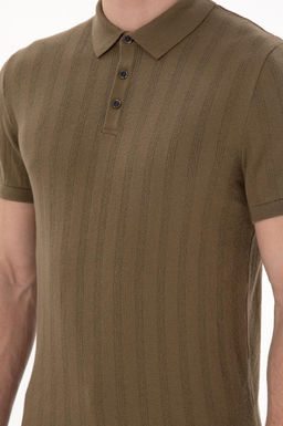 Erkek Slim Fit Polo Yaka Haki Triko Ti__rt