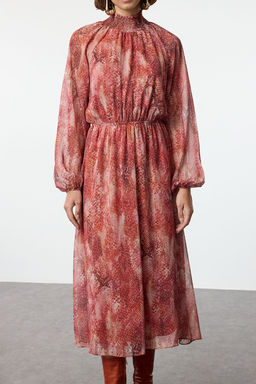 TRENDYOLMILLA Kiremit Sal Desen Gipeli Midi Astarl? Dokuma K?sl?k Elbise TWOAW25EL00142  фото 4