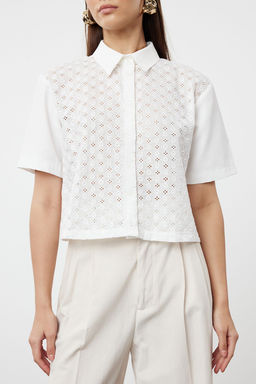 Ekru Brodeli Crop Dokuma Gomlek TWOSS24GO00225 - Trendyolmilla фото 4