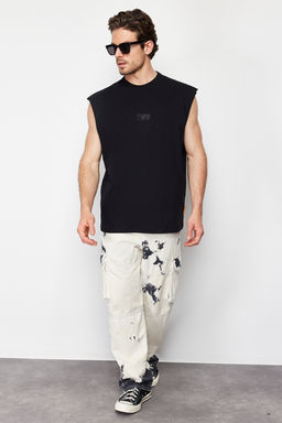 Siyah Oversize/Genis Kesim Kabar?k Yaz? Bask?l? Etiketli T-Shirt/Atlet TMNSS24AL00005