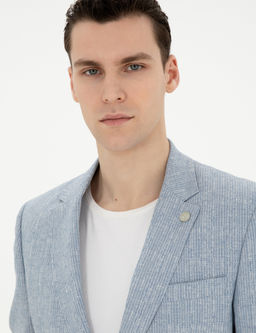 A__k Mavi Slim Fit Keten Kar___ml_ _izgili Tak_m Elbise