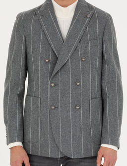 Gri Ex.Slim Fit %100 Y_n _izgili Kruvaze Ceket