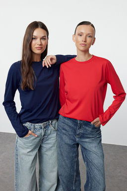 TRENDYOLMILLA Siyah-Gri 2li Paket %100 Pamuk Bisiklet Yaka Regular/Normal Kesim Orme T-Shirt TWOAW25TS00001