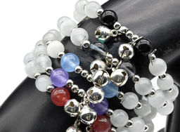 Браслет из кошачьего глаза шарик 7,5мм с бубенцами, цв.белый