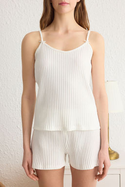 Trendyolmilla Beyaz Cizgili Kurdele/Fiyonklu Fitilli Sortlu Orme Pijama Tak?m? THMSS25PT00041  фото 3