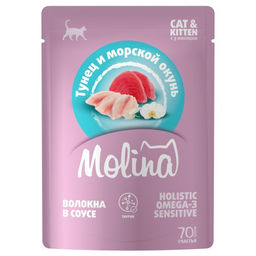 MOLINA SUPERPREMIUM Пауч с Тунцом и морским окунем для котят и кошек, волокна в соусе, 70г