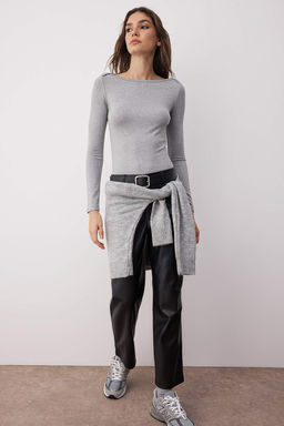 Gri Melanj Kay?k Yaka Vucuda Oturan Esnek Orme Bluz TWOAW26BZ00072 - Trendyolmilla фото 2