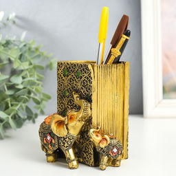 Фигурка-карандашница полистоун Слон и слонёнок в попоне с цветком, под бронзу, 8.5?9?11.5 см