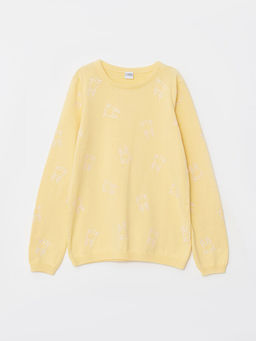 Bisiklet Yaka Bask?l? Uzun Kollu K?z ?ocuk Triko Kazak