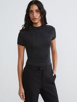 Dik Yaka Parlak G?r?n?ml? Kad?n Body