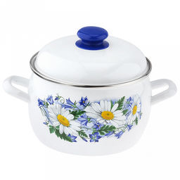 "Ромашковое поле" Кастрюля эмалированная 3,5л, форма полусфера, металлическая крышка, нержавеющий ободок (Россия)