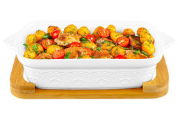 Блюдо д/запекания и сервировки 1,1 л 30*18*13 см "Белый узор" с стекл крышкой на дер подст.