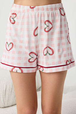 Pembe-Cok Renkli %100 Pamuklu Kalp ve Ekose Desenli Biyeli Orme Pijama Tak?m? THMSS26PT00201