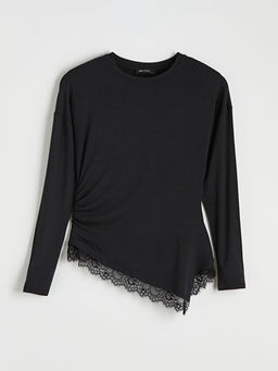 Bisiklet Yaka Dantel Detayl? B?zg?l? Bluz