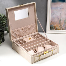 Шкатулка для украшений и часов 3 отделения «Клетка. Беж чемодан», искусственная кожа, 9×26×26 см