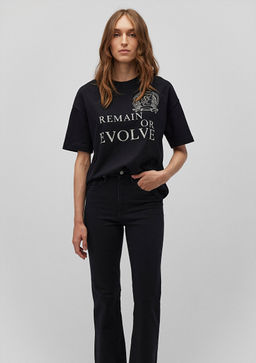 Bask?l? Siyah Tisort