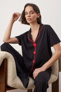 Siyah %100 Pamuklu Kalp Nak?sl? Orme Pijama Tak?m? THMAW26PT00143