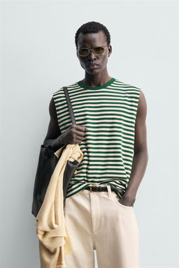 CAMISETA TANK JACQUARD RAYAS / Verde / Crudo