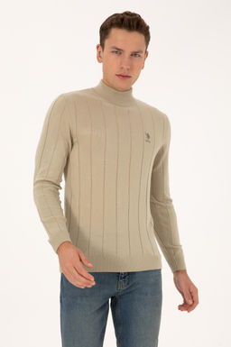 Erkek Slim Fit Yar_m Bal_k__ Yaka A__k Haki Kazak