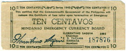 Банкнота 10 сентаво 1943 года Филиппины (Минданао, Администрация США)