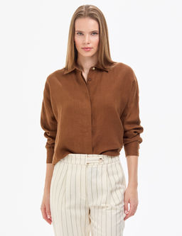 Kahverengi Oversize Uzun Kollu %100 Keten G_mlek