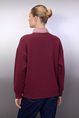 Bordo Dokuma Garni Detayl? Oversize Kal?p Polo Yaka Kal?n ici Polarl? Orme Sweatshirt TWOAW26SW00116