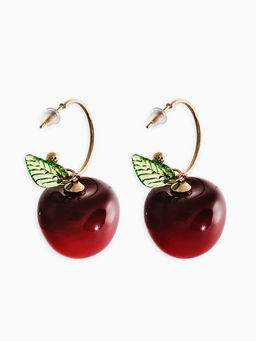 Серьги-кольца «Черешня с листочком», бордовые в золоте