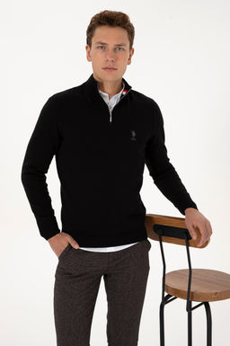 Erkek Slim Fit Yar_m Fermuarl_ Siyah Kazak