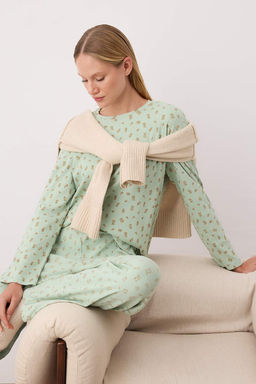 Mint Yumusak Tuse Pamuklu Cicekli Fitilli Orme Pijama Tak?m? THMAW25PT00194