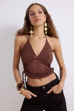 Kahverengi Dantel Detayl? Buzgulu Tul Bluz TPRSS26BZ00023