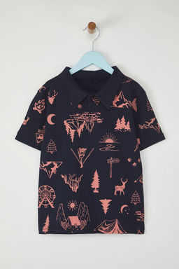 Lacivert Erkek Cocuk %100 Pamuk Orman Bask?l? Polo Yaka K?sa Kol Orme T-Shirt TKDSS25TS00083