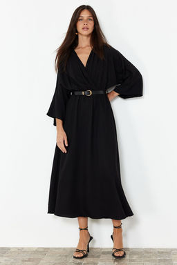 Siyah Kemerli A-line Kruvaze Yakal? Aerobin Midi Dokuma Elbise TWOSS24EL00992