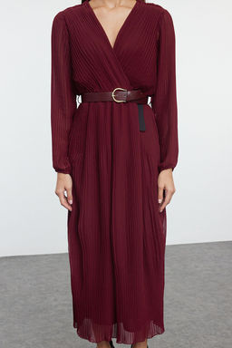 Bordo Kemerli A Kesim Piliseli Maxi Astarl? Sifon Ucus Ucus Dokuma Elbise TWOAW24EL00471