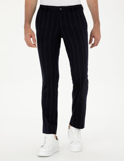Koyu Lacivert Slim Fit Y_n Kar___ml_ _izgili Pantolon