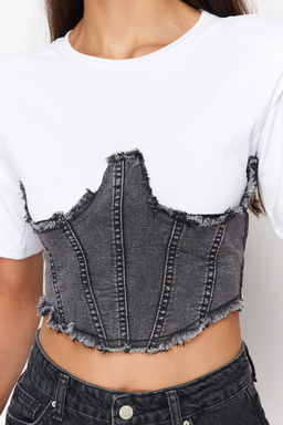 Antrasit Denim Detayl? Crop Vatkal? Orme Bluz TWOSS24BZ00578