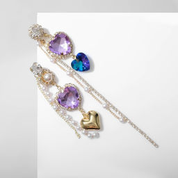 Серьги висячие со стразами Сердце, цветные в золоте