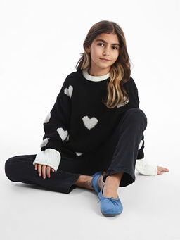 Bisiklet Yaka Desenli Uzun Kollu K?z ?ocuk Triko Kazak