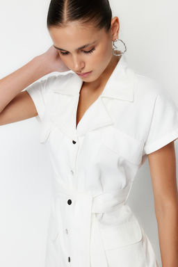 Ekru Kusakl? Genis Kal?p Gabardin Midi Gomlek Elbise TWOSS24EL00227