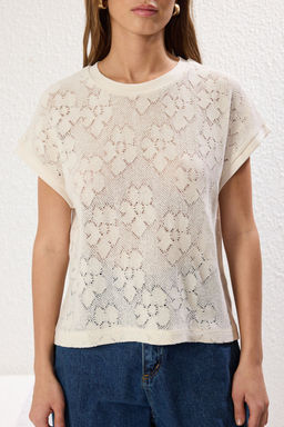 Ekru Jakarl? Regular/Normal Kal?p Buzgu/Drape Detayl? Esnek Orme Bluz TWOSS25BZ00155 - Trendyolmilla фото 3