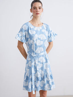 Bisiklet yaka ?i?ekli F?rf?rl? Jean Elbise