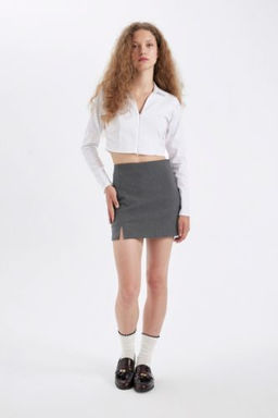 Yuksek Bel Basic Duz Pamuk Y?rtmacl? Astarl? Mini Etek