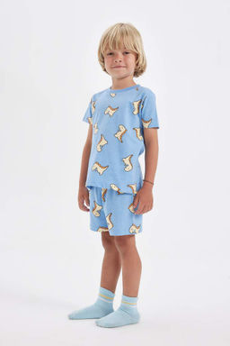 Пижамный комплект из чесаного хлопка с короткими рукавами и шортами для мальчика с принтом динозавров - Defacto фото 2