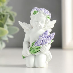 Цена за 2 шт. Фигурка полистоун «Белоснежный ангелок с лавандой, в венке из лаванды», 7.2×4.8×4 см, МИКС