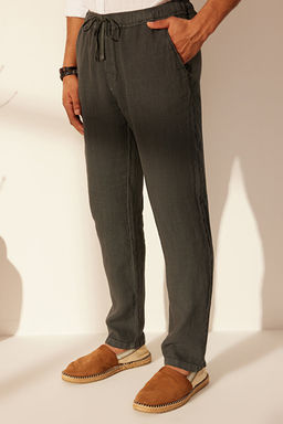 Premium Gri %100 Keten Straight Fit Lastikli Beli Ba_lamal_ Pantolon TMNSS24PL00018