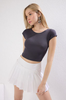 Antrasit Bisiklet Yaka Ay Kol Fitted/Vucuda Oturan Crop Orme Bluz TWOSS24BZ00446
